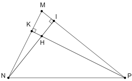 Cho tam giác MNP có ba góc nhọn, hai đường cao NI và PK cắt nhau tại H.  a) Chứng minh: tam giác MNI đồng dạng với tam giác MPK (ảnh 1)