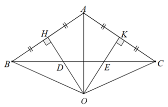 Cho  Δ A B C  cân tại  A ,  ˆ A > 90 ∘ . Các đường trung trực của  A B , A C  cắt nhau tại  O  và cắt  B C  lần lượt tại  D  và  E . Lấy  H  là trung điểm  A B ,   K  là trung điểm của  A C (ảnh 1)