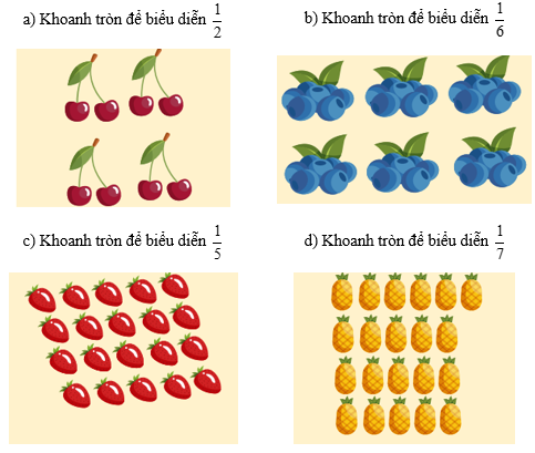 Thực hiện các yêu cầu dưới đây    a) Khoanh tròn để biểu diễn  1/2 (ảnh 1)