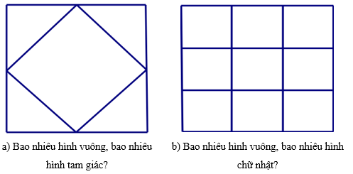 Hình bên có:  a) Bao nhiêu hình vuông, bao nhiêu hình tam giác?	b) Bao nhiêu hình vuông, bao nhiêu hình chữ nhật? (ảnh 1)