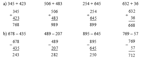 Đặt tính rồi tính:  a) 345 + 423 (ảnh 1)