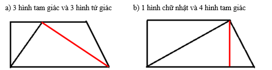 Kẻ thêm một đoạn thẳng nữa để hình sau có:  a) 3 hình tam giác và 3 hình tứ giác	b) 1 hình chữ nhật và 4 hình tam giác (ảnh 2)