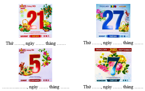 Quan sát tờ lịch rồi điền vào chỗ chấm Thứ ……, ngày …… tháng …… (ảnh 1)