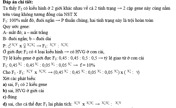 Một loài thú, cho con đực mắt trắng, đuôi dài giao phối với con cái mắt đỏ, đuôi ngắn (P), thu được F1 có 100% con mắt đỏ, đuôi ngắn.  (ảnh 1)