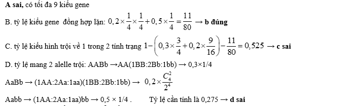 Ở một quần thể thực vật tự thụ phấn nghiêm ngặt, thế hệ xuất phát (P) có tỉ lệ kiểu gene  là: 0,3AABb : 0,2AaBb: 0,5Aabb.  (ảnh 1)
