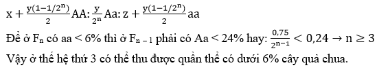 Ở một giống cây trồng ngắn ngày, allen A quy định quả ngọt trội hoàn toàn so với allen a quy định quả chua. Do thụ phấn nhờ côn trùng qua nhiều thế hệ đã hình thành một quần thể (P) đạt trạng thái cân bằng di truyền với các cây mang kiểu gene (ảnh 1)