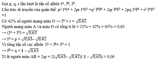 Ở người, tính trạng nhóm máu do 1 gene có 3 allele quy định. Trong đó, kiểu gene IAIA hoặc IAIO quy định máu A; kiểu gene IBIB hoặc IBIO quy định máu B; kiểu gene IAIB quy định máu AB (ảnh 1)