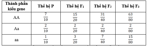 Một loài thực vật, xét 1 gene có 2 allele, allele A trội hoàn toàn so với allele a. Nghiên cứu thành phần kiểu gene của 1 quần thể thuộc loài này qua các thế hệ, thu đuợc kết quả ở bảng sau: (ảnh 1)