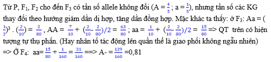 Một loài thực vật, xét 1 gene có 2 allele, allele A trội hoàn toàn so với allele a. Nghiên cứu thành phần kiểu gene của 1 quần thể thuộc loài này qua các thế hệ, thu đuợc kết quả ở bảng sau: (ảnh 2)