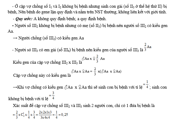 Cho sơ đồ phả hệ sau mô tả sự di truyền của một bệnh ở người do một trong hai allele của một gene quy định, allele trội là trội hoàn toàn. (ảnh 2)