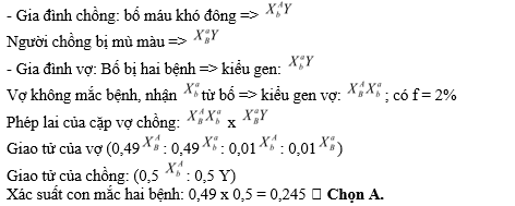 Một cặp vợ chồng đến trung tâm tư vấn di truyền để được tư vấn về khả năng xuất hiện bệnh mù màu và máu khó đông của con họ trong tương lai. Theo lời kể của người chồng, ông ta và mẹ bị mù màu còn bố bị máu khó đông.  (ảnh 2)