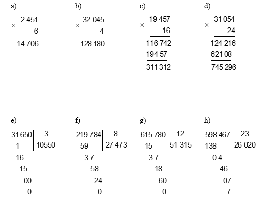 Đặt tính rồi tính  a) 2 451 × 6               b) 32 045 × 4   (ảnh 1)