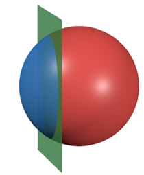 Một viên bi có dạng hình cầu, đường kính 2 cm được cắt thành hai phần bởi một mặt phẳng như hình vẽ.  (ảnh 1)