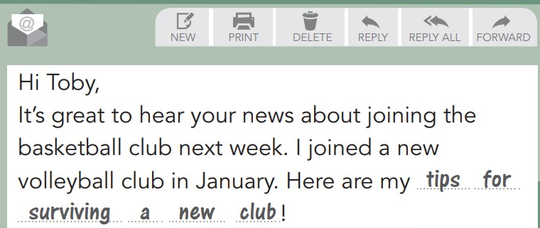 What does this note mean?  	A. Toby will join in a volleyball club. B. Toby is going to play soccer. C. Toby is taking part in a club in January.	     	 D. Toby is joining a club next week. (ảnh 1)