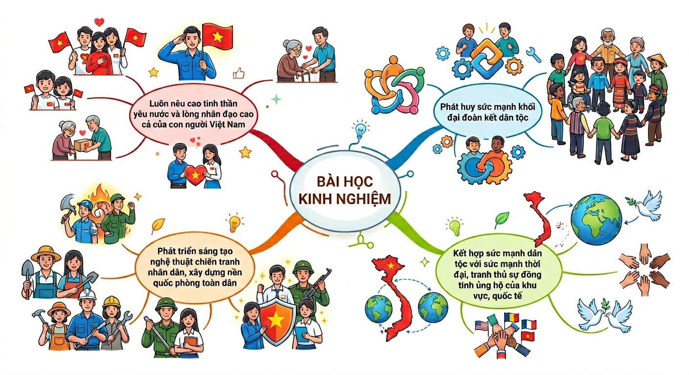 Lập sơ đồ tư duy về những bài học lịch sử của các cuộc kháng chiến bảo vệ Tổ quốc từ năm 1945 đến nay. Theo em, bài học nào là quan trọng nhất? Vì sao? (ảnh 1)