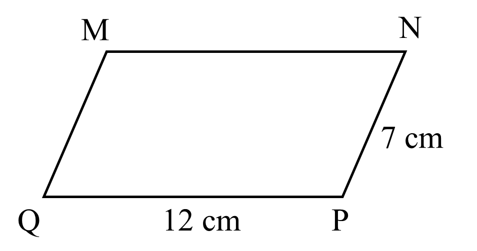 Điền vào chỗ chấm: Cho hình bình hành MNPQ như hình vẽ bên:  •	Cạnh MN song song với cạnh … •	Cạnh NP song song với cạnh … •	MN = … cm, QM = … cm •	Chu vi hình bình hành MNPQ là … cm (ảnh 1)