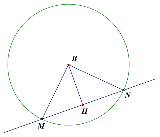 Phương trình đường tròn \(\left( C \right)\) có tâm \(B\left( {1;1} \right)\) và cắt \(d:3x + 4y + 8 = 0\) tại \(M,N\) thỏa mãn \(MN = 8\) có đường kính bằng bao nhiêu? (ảnh 1)
