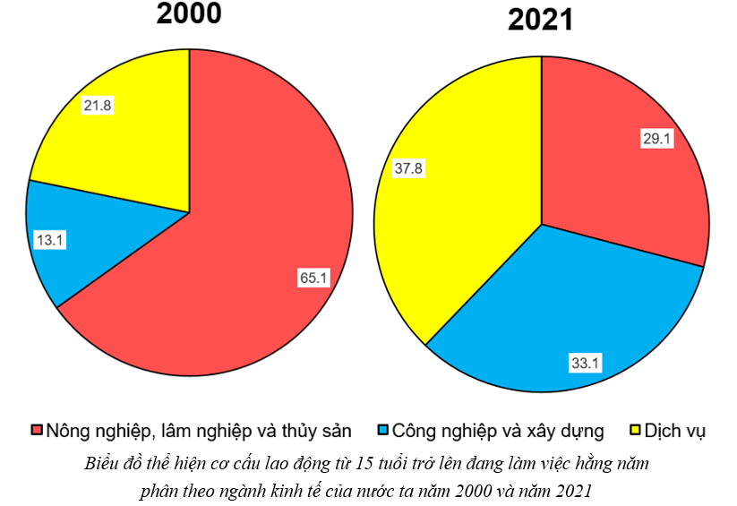 Cho bảng số liệu:     - Vẽ biểu đồ thể hiện cơ cấu lao động từ 15 tuổi trở lên đang làm việc hằng năm phân theo ngành kinh tế của nước ta năm 2000 và năm 2021. (ảnh 2)