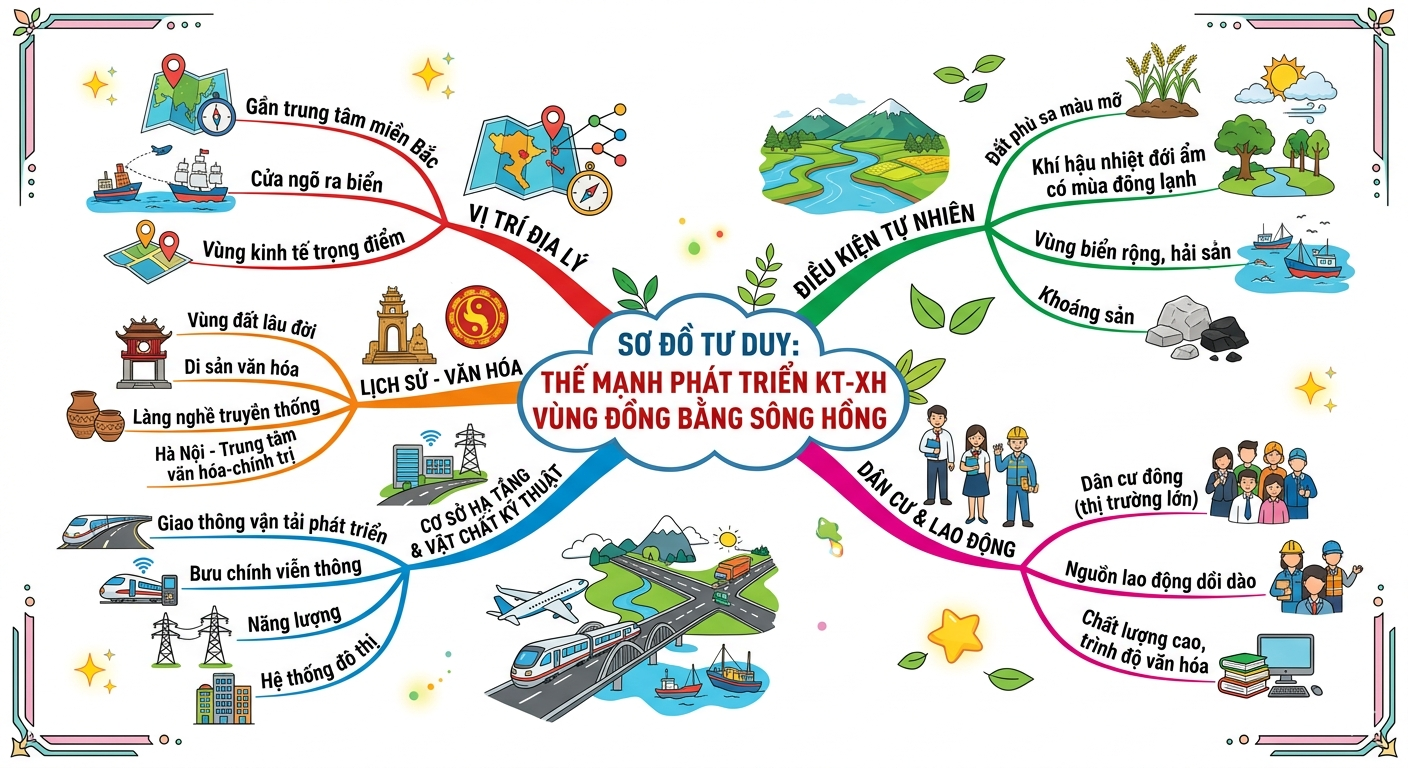 Lập sơ đồ thể hiện thế mạnh đối với phát triển kinh tế - xã hội của vùng Đồng bằng sông Hồng. (ảnh 1)