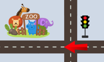 How do I get to the zoo? A. Go straight at the traffic lights. It’s on the right. B. Turn right. Then, go over the bridge. C. Turn left at the traffic lights. Then, go straight. D. Go along the river. It’s on the left. (ảnh 1)