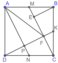 Cho hình vuông ABCD, lấy các điểm M, N lần lượt là trung điểm của AB, CD. Gọi E, F lần lượt là chân đường cao hạ từ B và D lên CM. K là giao điểm của DF với BC.  1) Chứng minh K là trung điểm của BC. (ảnh 1)