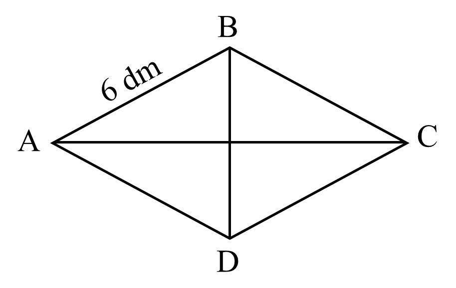 Điền vào chỗ chấm: Cho hình thoi ABCD như hình vẽ bên:  •	Cạnh BC song song với cạnh … •	Cạnh AB song song với cạnh … •	Cạnh AC vuông góc với cạnh … •	BC = … dm, DC = … dm •	Chu vi hình thoi ABCD là … dm (ảnh 1)