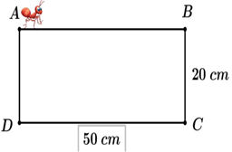Viết số thích hợp vào chỗ chấm. Cho ABCD là hình chữ nhật có BC = 20 cm, CD = 50 cm. Một con kiến đang ở điểm A (như hình vẽ).  a) Nếu con kiến muốn bò đến điểm B theo cạnh AB thì phải bò một đoạn đường dài …….. cm. (ảnh 1)