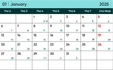 Quan sát tờ lịch rồi điền vào chỗ chấm   a) Tháng 1 có …… ngày b) Thứ Hai đầu tiên của tháng 1 là ngày ……  c) Hôm nay là thứ Năm đầu tiên của tháng 1. Vậy 2 tuần nữa là ngày …… tháng 1 (ảnh 1)