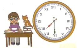 Tối nay khi ngồi vào bàn học, Bình thấy đồng hồ chỉ như bức tranh. Bình bắt đầu học bài lúc:   	A. 7 giờ 30 phút		B. 19 giờ 15 phút 	C. 8 giờ 30 phút		D. 19 giờ rưỡi (ảnh 1)