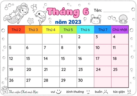 Quan sát tờ lịch và điền vào chỗ trống cho thích hợp  a) Tháng 6 có …… ngày  b) Ngày đầu tiên của tháng 6 là thứ ………. (ảnh 1)