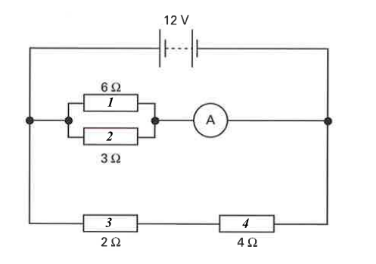 Hình vẽ cho thấy một mạch chứa nguồn điện 12 V, một số điện trở và một ampe kế có điện trở nhỏ đến mức có thể bỏ qua. Điện trở tương đương của mạch điện có giá trị: (ảnh 1)