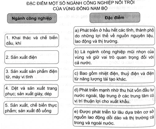 Ghép thông tin ở cột bên trái với thông tin ở cột bên phải sao cho phù hợp về đặc điểm một số ngành công nghiệp nổi trội của vùng Đông Nam Bộ. (ảnh 1)