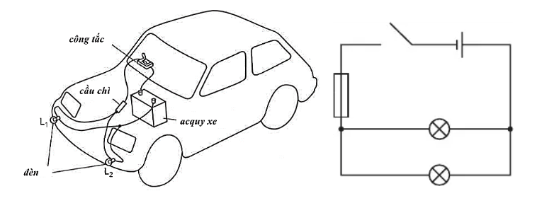 Sơ đồ sau biểu diễn sơ đồ hoạt động của 2 bóng đèn của một xe ô tô. Và mạch điện được sơ đồ hóa bằng các kí hiệu. (ảnh 1)