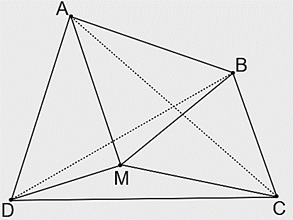 Cho tứ giác ABCD và một điểm M thuộc miền trong của tứ giác. Chứng minh: a) MA + MB + MC + MD ≥ AB + CD. b) MA + MB + MC + MD ≥ 0,5 (AB + BC + CD + DA). (ảnh 1)