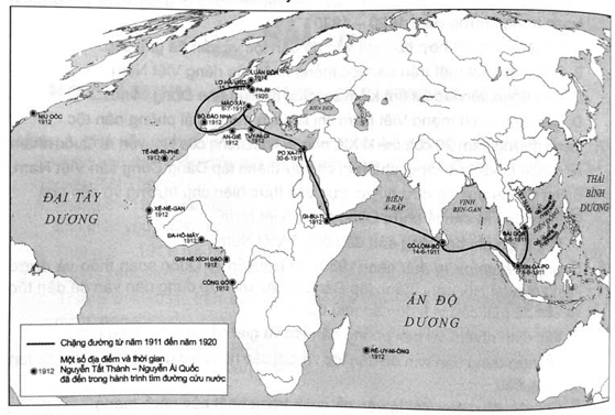 Quan sát lược đồ dưới đây:     Em hãy:  2.1. Kể tên một số quốc gia và châu lục mà Nguyễn Tất Thành - Nguyễn Ái Quốc đã đến và hoạt động cách mạng. (ảnh 1)