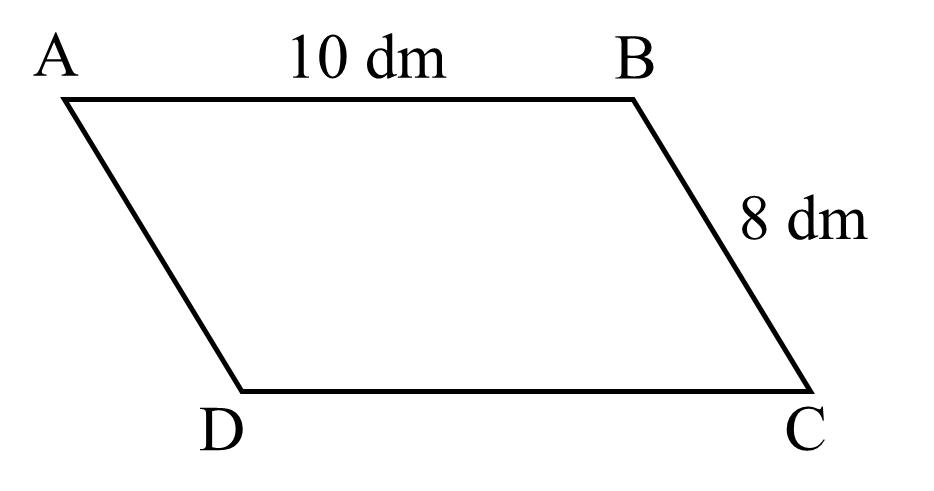 Điền vào chỗ chấm: Cho hình bình hành ABCD như hình vẽ bên:  •	Cạnh AD song song với cạnh … •	Cạnh DC song song với cạnh … •	AB = … dm, BC = … dm •	Chu vi hình bình hành ABCD là … dm (ảnh 1)
