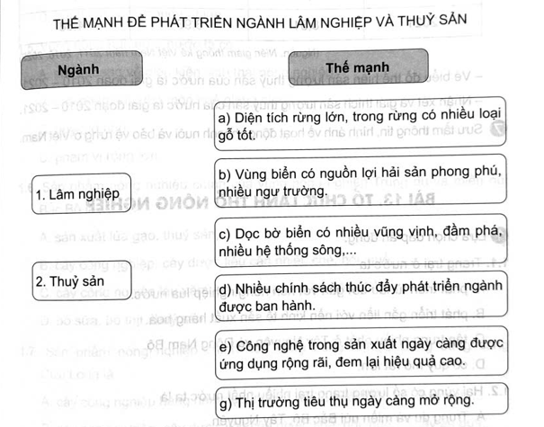 Ghép thông tin ở cột bên trái với thông tin ở cột bên phải sao cho phù hợp về thế mạnh của ngành lâm nghiệp và ngành thuỷ sản ở nước ta. (ảnh 1)