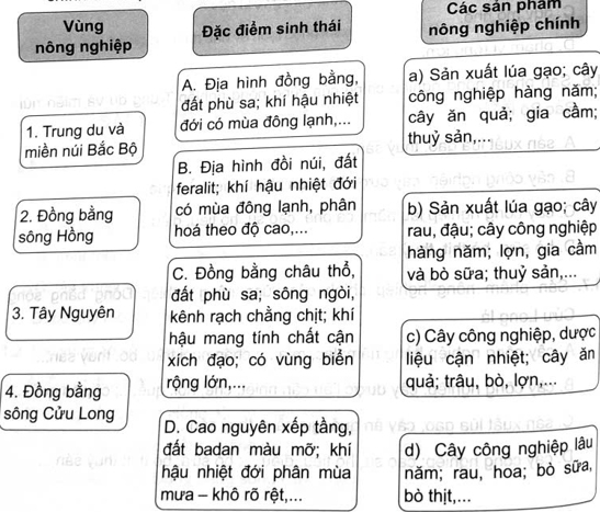 Ghép thông tin ở cột bên trái với thông tin cột ở giữa và thông tin ở cột bên phải sao cho phù hợp về điều kiện sinh thái và các sản phẩm nông nghiệp chính của một số vùng nông nghiệp ở nước ta.   (ảnh 1)