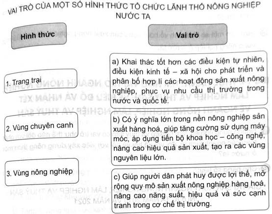 Ghép thông tin ở cột bên trái với thông tin ở cột bên phải sao cho phù hợp về vai trò của một số hình thức tổ chức lãnh thổ nông nghiệp ở nước ta. (ảnh 1)
