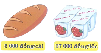 Mẹ đưa Hà 1 tờ 100 000 đồng. Mẹ nhờ Hà ra siêu thị mua 3 cái bánh mì và 1 lốc sữa chua (giá tiền như bức tranh). Hỏi Hà phải đưa lại cho mẹ bao nhiêu tiền thừa? (ảnh 1)