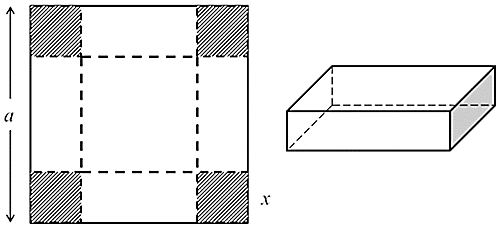 Cho một tấm nhôm hình vuông cạnh \(a\). Người ta cắt ở 4 góc của tấm nhôm 4 hình vuông bằng nhau cạnh \(x\), rồi gập tấm nhôm lại để được một cái hộp không nắp (tham khảo hình vẽ) (ảnh 1)
