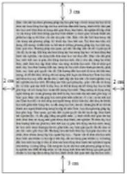 Cho một trang giấy biết phần màu xám trong hình vẽ dưới đây chứa một đoạn văn bản có diện tích 384 cm2. Biết rằng trang giấy được căn lề trái 2 cm, lề phải 2 cm, lề trên 3 cm và lề dưới 3 cm. (ảnh 1)