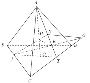 Cho tứ diện ABCD, O là điểm bên trong tam giác BCD, lấy M trên AO. a) Tìm giao tuyến (MCD) với (ABC), (ABD). b) Gọi J, K lần lượt nằm trên BC, BD sao cho JK không song song với CD. Tìm giao tuyến (MJK) và (ACD). (ảnh 2)