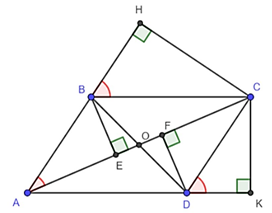 Cho hình bình hành ABCD, đường chéo AC lớn hơn đường chéo BD. Gọi E, F lần lượt là hình chiếu của B và D xuống đường thẳng AC. Gọi H và K lần lượt là hình chiếu của C xuống đường thẳng AB và AD.  a) Tứ giác BEDF là hình gì? Tại sao? (ảnh 1)