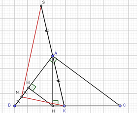 Cho tam giác ABC vuông tại A, đường cao AH. Gọi M là hình chiếu của H trên AB. Gọi N là trung điểm của BM, trên tia HC lấy điểm K sao cho HK = BN, lấy S đối xứng với K qua A. Chứng minh SN vuông góc với NK. (ảnh 1)