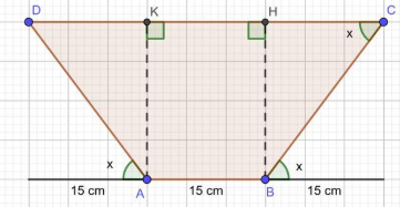 Một máng nước mưa được làm từ một tấm tôn rộng 45 cm bằng cách gấp hai phía của tấm tôn với kích thước bằng 1/3 tấm tôn sao cho nó tạo thành một góc x (như hình vẽ): (ảnh 2)