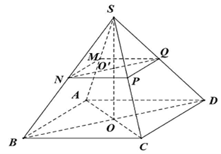 Cho hình chóp đều S.ABCD có đáy cạnh 2 và chiều cao \(SO = 4\). Gọi M, N, P, Q lần lượt là trung điểm của \(SA,SB,SC,SD\). Thể tích khối chóp cụt đều \(ABCD.MNPQ\) bằng bao nhiêu?  (ảnh 1)