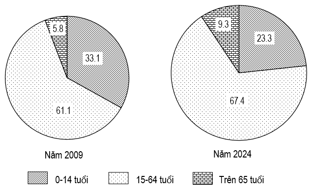 Cho biểu đồ: CƠ CẤU DÂN SỐ THEO TUỔI NƯỚC TA NĂM 2009 VÀ NĂM 2024 (Đơn vị: %) (Nguồn: Niên giám thống kê Việt Nam năm 2009 và 2024, NXB Thống kê) (ảnh 1)