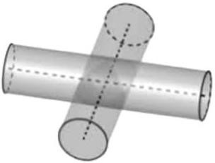 Cho hai ống nước hình trụ có cùng bán kính bằng 4 và được đặt lồng vào nhau như hình vẽ bên. Tính thể tích phần chung của chúng biết trục của hai ống nước vuông góc với nhau và cắt nhau. (ảnh 1)