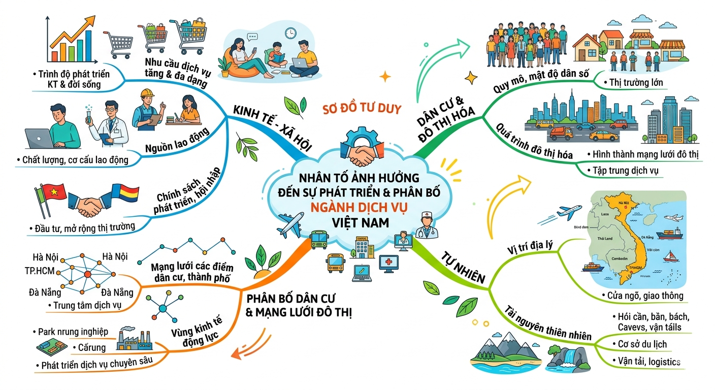 Lập sơ đồ thể hiện ảnh hưởng của các nhân tố đến sự phát triển và phân bố ngành dịch vụ của nước ta. (ảnh 1)